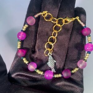 PLUM TIDES — Designer Purple Gold Glass Bead & Copper Bracelet with Fish Charm